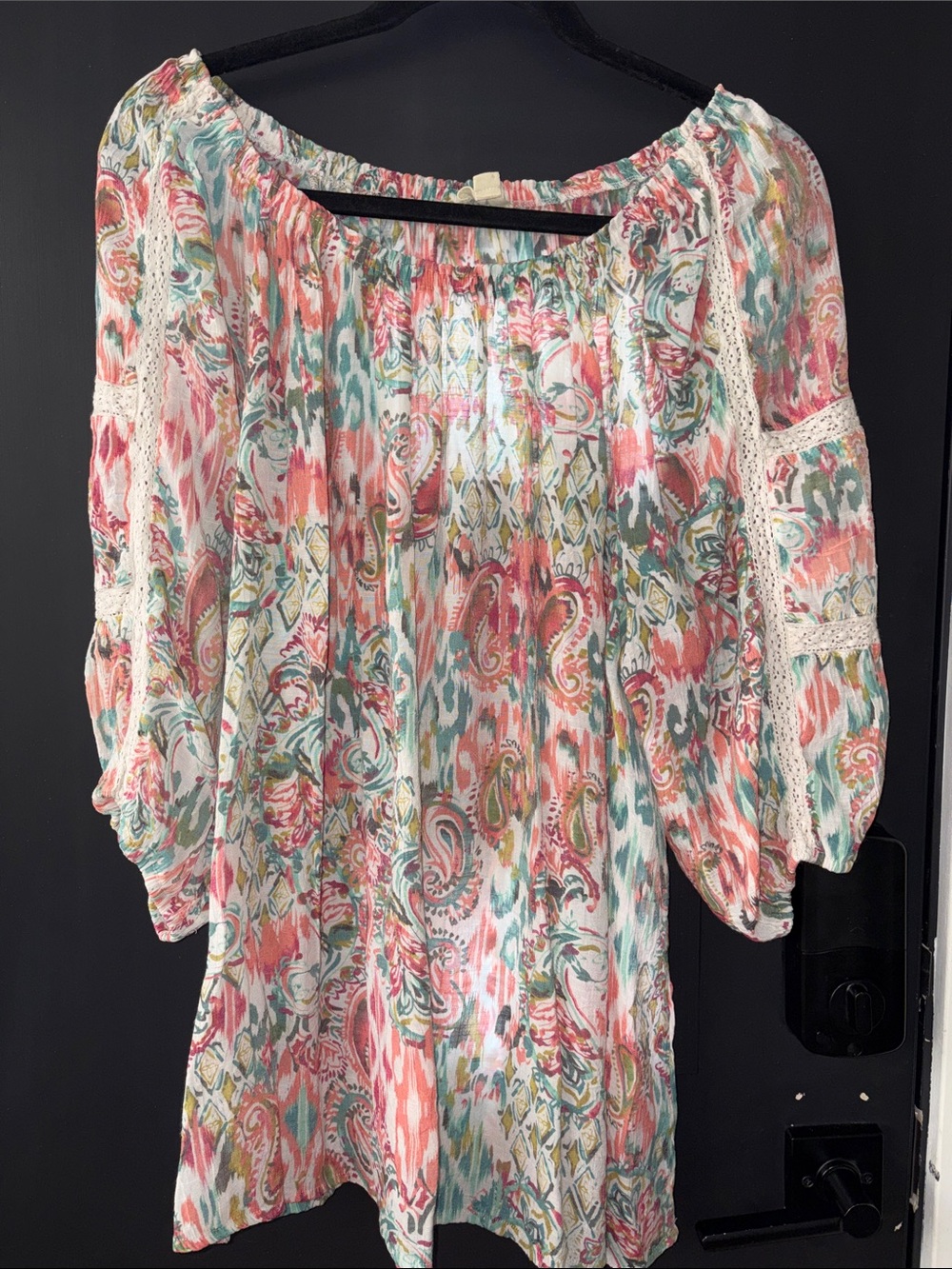 Low Start! Indigo 2X Boho Peasant Blouse in Coral and Teal - Lightweight Women's
